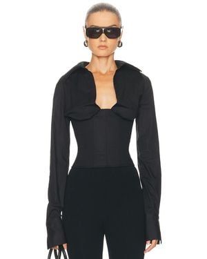 LAQUAN SMITH Long Sleeve Collared Corset Top - Black