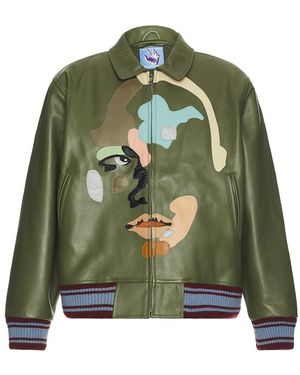 Kidsuper Patchwork Face Leather Varsity Jacket - Green
