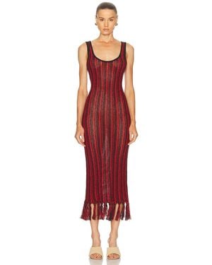 The Elder Statesman Stripe Scoopneck Fringe Dress - Red