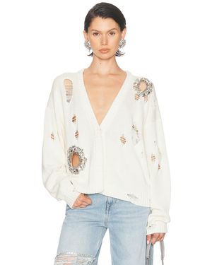 Area Distressed Crystal Cardigan - White