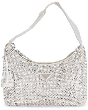 Prada Satin Crystal Embellished Re-Edition 2000 Shoulder Bag - Gray