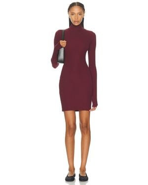 ÉTERNE Long Sleeve Ruched Turtleneck Butter Rib Mini Dress - Red