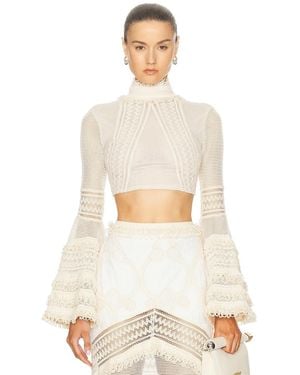 PATBO Woven Bell Sleeve Cropped Top - White