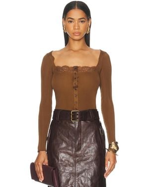 Saint Laurent Ribbed Lacy Button Up Top - Brown
