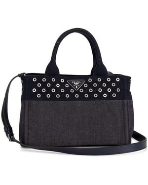 Prada Studded Denim Canapa Tote Bag - Black