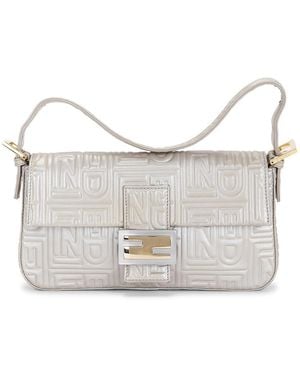 Fendi Logo Embossed Baguette Shoulder Bag - White