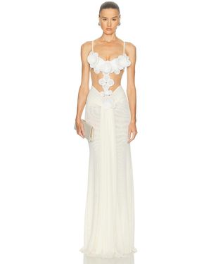David Koma 3D Flower Embroidered Mesh Gown - White