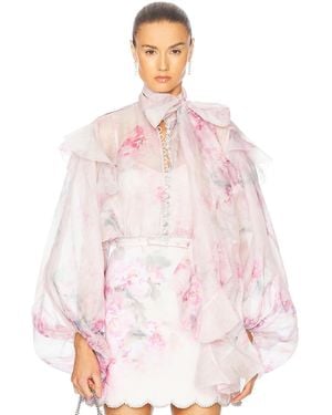 Zimmermann Crush Tie Neck Ruffle Blouse - Pink