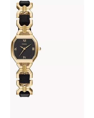 Fossil Harlow 22 Mm Three-hand Black Leather And Gold-tone Stainless Steel Watch - White