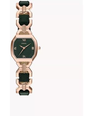 Fossil Harlow 22 Mm Three-hand Green Leather And Rose Gold-tone Stainless Steel Watch - White