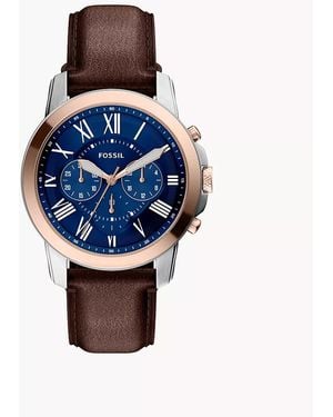 Fossil Grant 44 Mm Chronograph Brown Leather Watch - Blue