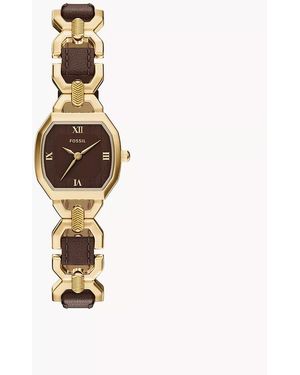 Fossil Harlow 22 Mm Three-hand Brown Leather And Gold-tone Stainless Steel Watch - White