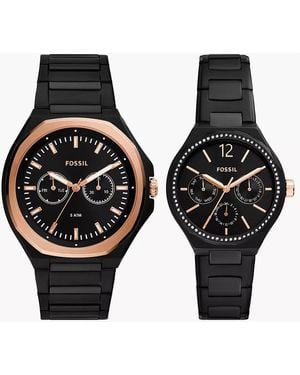 Fossil His And Her Multifunction Black Stainless Steel Watch Set