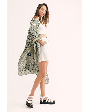 Free People Magic Dance Border Print Kimono At In Green Tea Combo - Natural