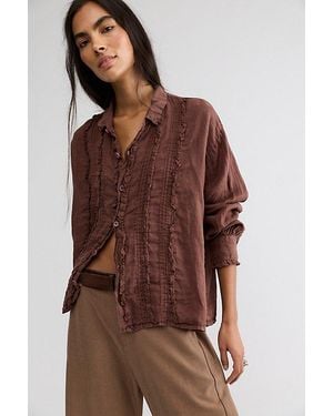 Llea Blue Tuxedo Linen Button Down Top By - Brown