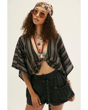 Free People Stripe Linen Twist Front Poncho - Black
