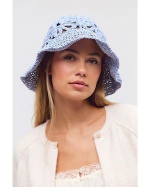 Free People Cut-Out Daisy Crochet Straw Bucket Hat - Blue