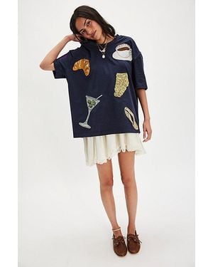 Denim and Bone Dinner Party Embroidered Tee - Blue