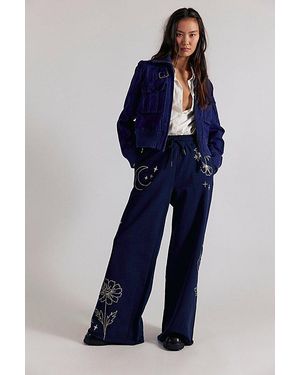 Denim and Bone Floral Embroidered Wide-Leg Sweatpants - Blue