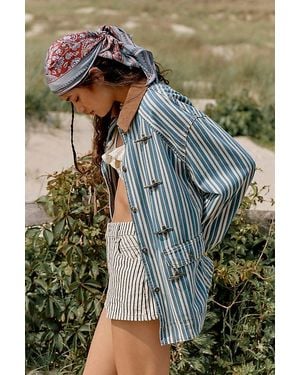 Free People Striped Denim Barn Coat Jacket - Green