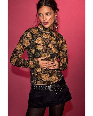 Free People Lyric Sheer Lace Long Sleeve Turtleneck Top - Red