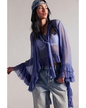 Free People Full Sleeve Frill Top - Blue