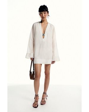 Shona Joy Paloma Plunge Long-Sleeve Mini Dress - Natural