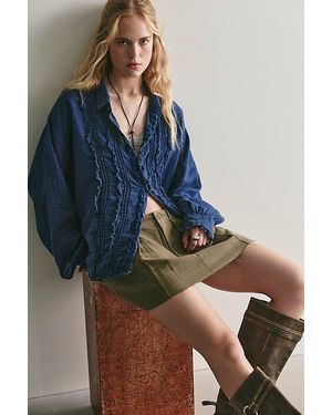 Llea Blue Tuxedo Linen Button Down Top - Blue