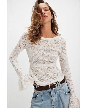 Free People Sheer Lace Flared Long Sleeve Top - White