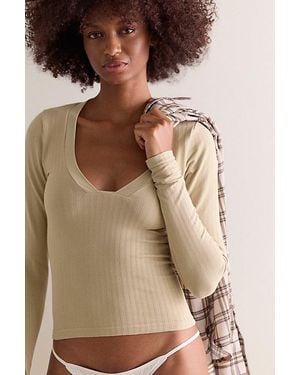 Free People Wide Awake Plunge Long Sleeve Top - Natural