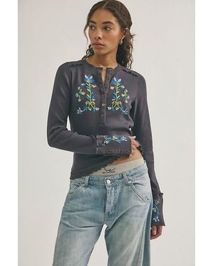 Free People Fleur Embroidered Cuff Henley - Blue