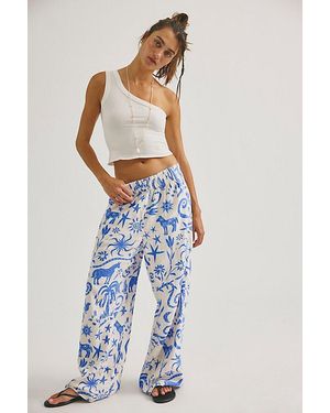 Free People Day's End Linen Printed Pull-On Trousers - Blue