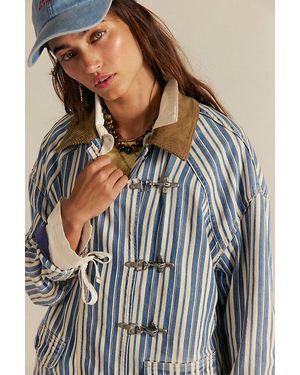 Free People Striped Denim Barn Coat Jacket - Green