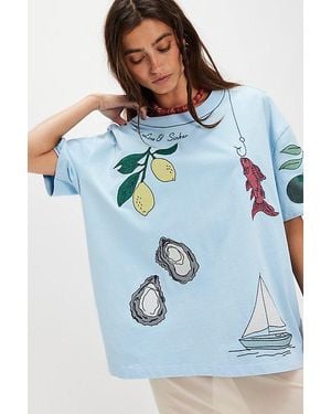 Denim and Bone Dinner Party Embroidered Tee - Blue