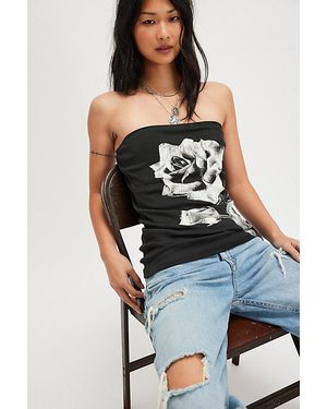 Sunday Market Rose Graphic Ribbed Tube Top - Black