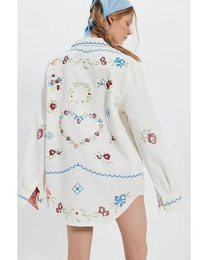 Denim and Bone Embroidered Heart Oversized Button Down - White