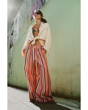 Free People Day's End Linen Striped Pull-On Trousers - Red