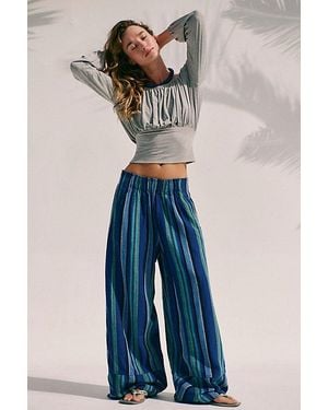 Free People Day's End Linen Striped Pull-On Trousers - Blue