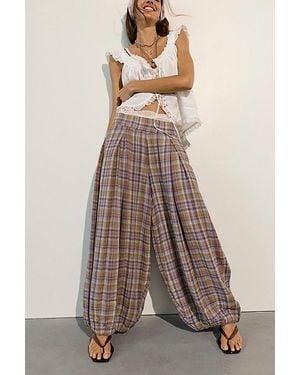 Free People Moonflower Plaid Pull-On Balloon Trousers - Grey