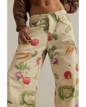 Free People Good Luck Printed Barrel Jeans - Natural