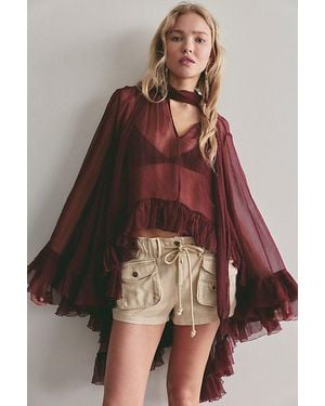 Free People Full Sleeve Frill Top - Brown