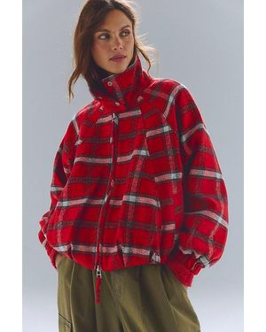 Free People Chelsea Plaid Funnel-Neck Oversized Jacket - Red