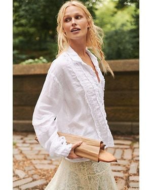 Llea Blue Tuxedo Linen Button Down Top By - White
