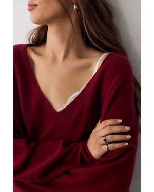 Free People See Me V-Neck Knit Pullover - Red