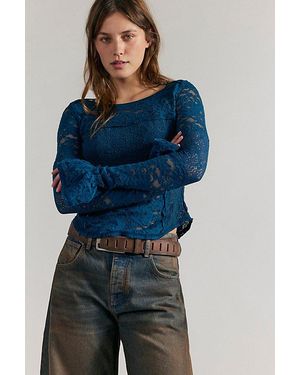 Free People Sheer Lace Flared Long Sleeve Top - Blue