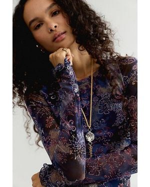 Free People Lilly Printed Boat Neck Long Sleeve Top - Blue