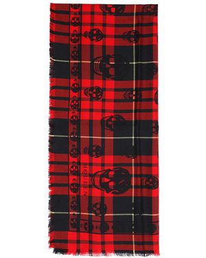 Alexander McQueen Skull On Tartan Wool Scarf - Red