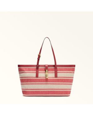 Furla Debby Tote Toni Lacca Canvas Stripes Fabric + Sidney Calf Leather - Red