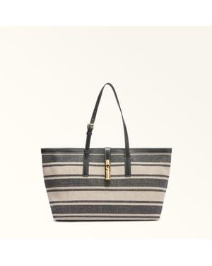 Furla Debby Tote Toni Canvas Stripes Fabric + Sidney Calf Leather - Gray