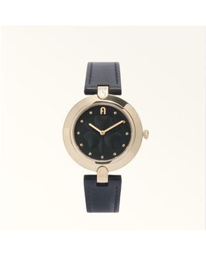 Furla Logo Links Round Case Watch Nero Leather + Metal - Black